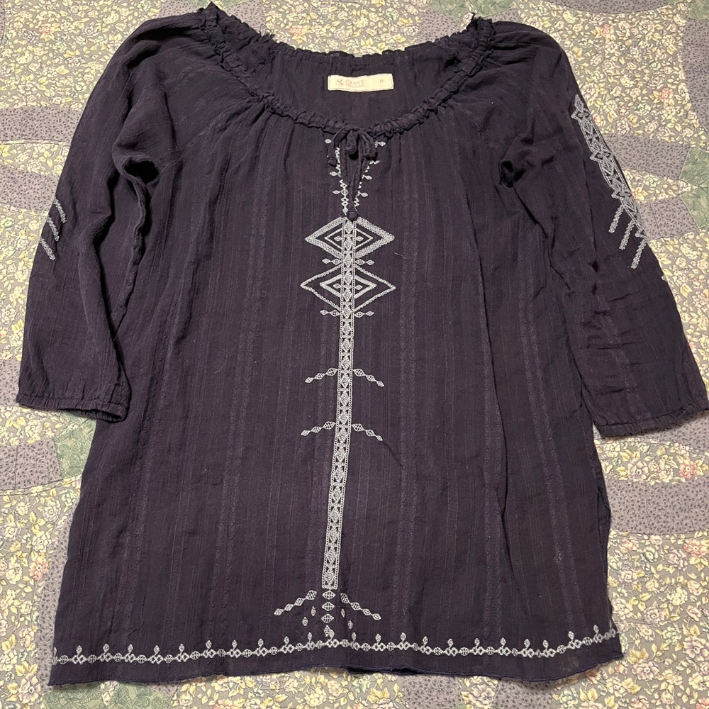 Carve Designs Navy Tunic with Light Blue Embroidery